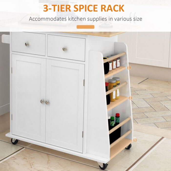 Homcom Kitchen Island Storage Cabinet Rolling Trolley With Rubber Wood Top, 3-tier Spice Rack, Large Cabinet & Drawers