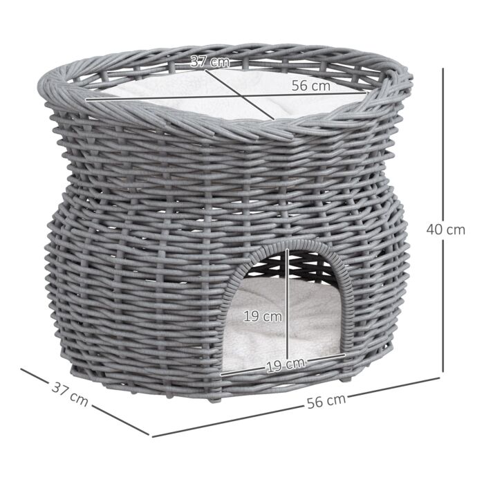 Pawhut 2-tier Wicker Cat House Elevated Pet Bed Basket Willow Kitten Tower Pet Den. With Washable Cushions 56x37x40cm Grey