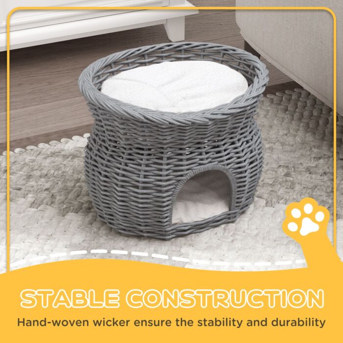 Pawhut 2-tier Wicker Cat House Elevated Pet Bed Basket Willow Kitten Tower Pet Den. With Washable Cushions 56x37x40cm Grey