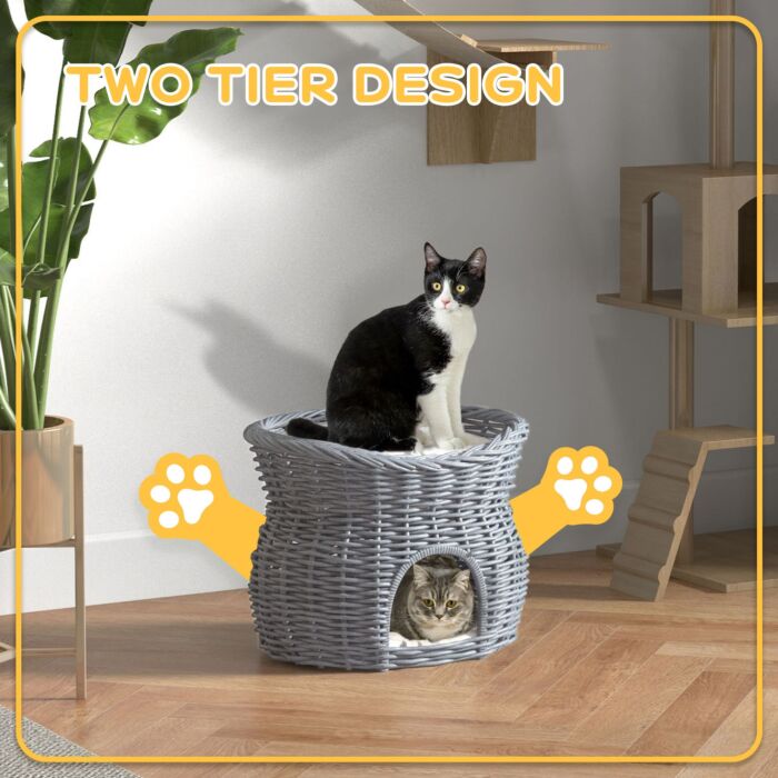 Pawhut 2-tier Wicker Cat House Elevated Pet Bed Basket Willow Kitten Tower Pet Den. With Washable Cushions 56x37x40cm Grey
