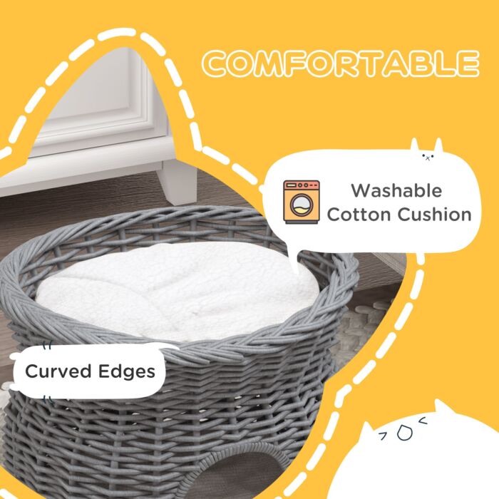 Pawhut 2-tier Wicker Cat House Elevated Pet Bed Basket Willow Kitten Tower Pet Den. With Washable Cushions 56x37x40cm Grey