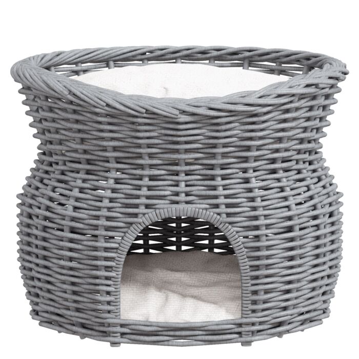 Pawhut 2-tier Wicker Cat House Elevated Pet Bed Basket Willow Kitten Tower Pet Den. With Washable Cushions 56x37x40cm Grey