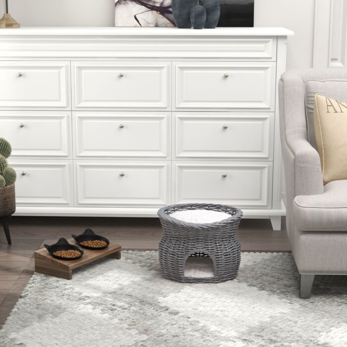Pawhut 2-tier Wicker Cat House Elevated Pet Bed Basket Willow Kitten Tower Pet Den. With Washable Cushions 56x37x40cm Grey