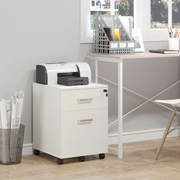 Vinsetto 2-drawer Locking Office Filing Cabinet W/ 5 Wheels Rolling Storage Hanging Legal Letter Files Cupboard Home Organisation White