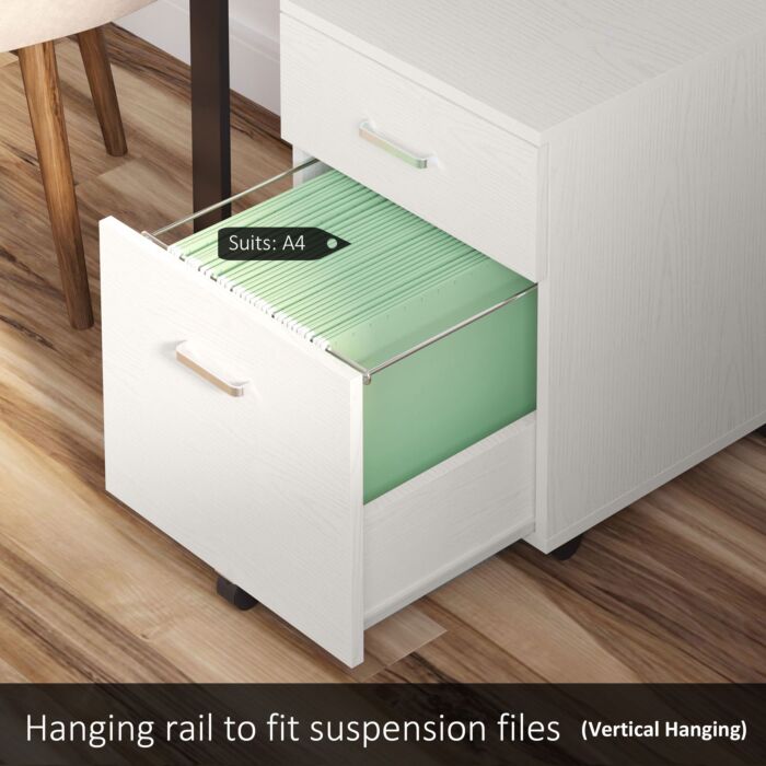 Vinsetto 2-drawer Locking Office Filing Cabinet W/ 5 Wheels Rolling Storage Hanging Legal Letter Files Cupboard Home Organisation White