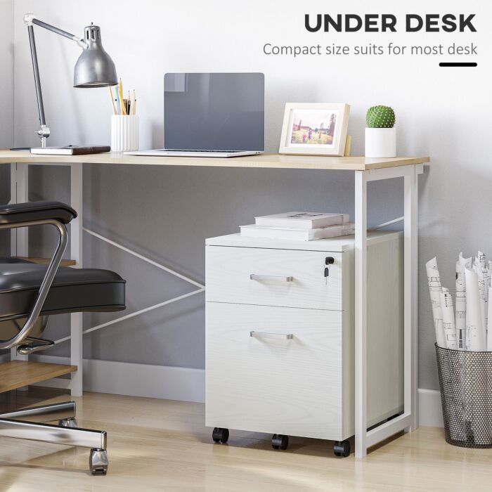 Vinsetto 2-drawer Locking Office Filing Cabinet W/ 5 Wheels Rolling Storage Hanging Legal Letter Files Cupboard Home Organisation White