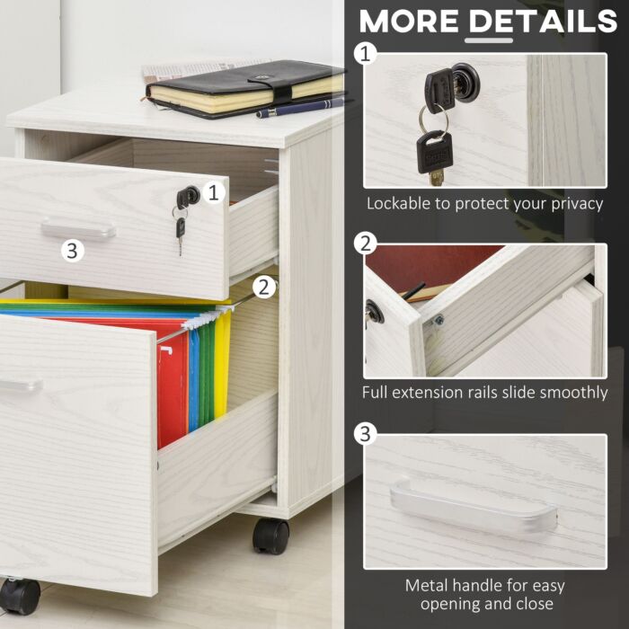 Vinsetto 2-drawer Locking Office Filing Cabinet W/ 5 Wheels Rolling Storage Hanging Legal Letter Files Cupboard Home Organisation White