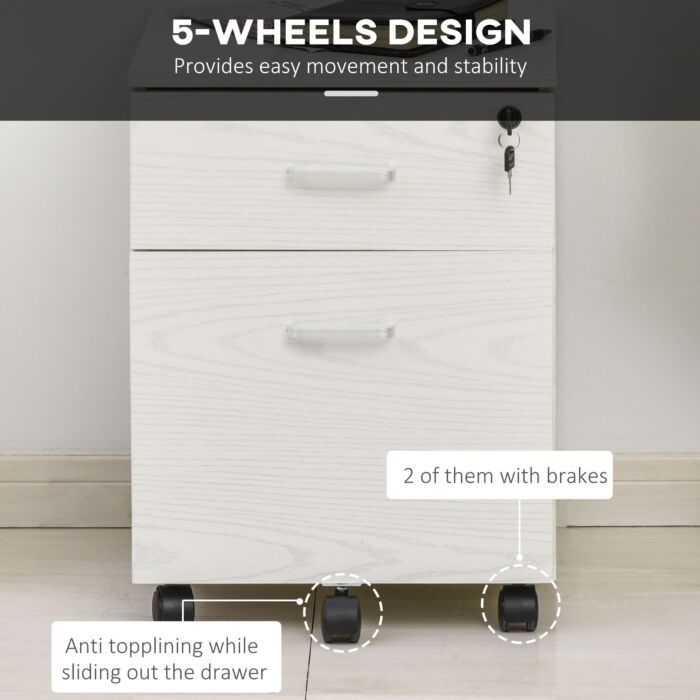 Vinsetto 2-drawer Locking Office Filing Cabinet W/ 5 Wheels Rolling Storage Hanging Legal Letter Files Cupboard Home Organisation White