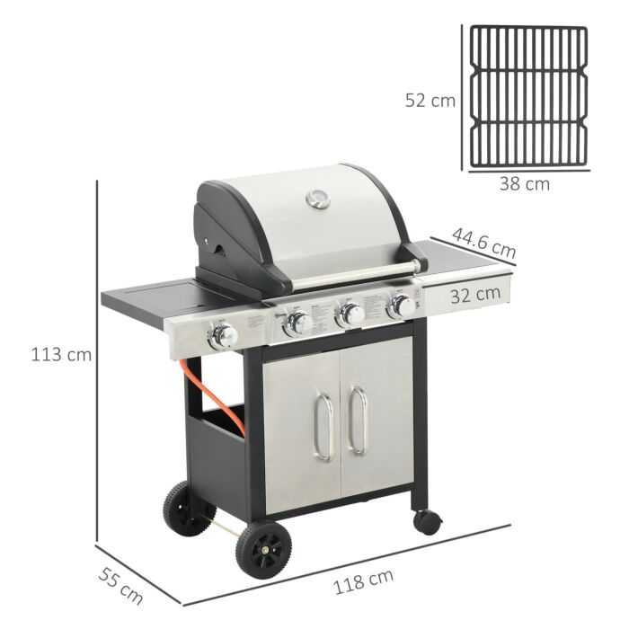 Outsunny Gas Barbecue Grill 3+1 Burner Garden Smoker Bbq Trolley W/ Side Burner Warming Rack Side Shelves Piezo Ignition Thermometer