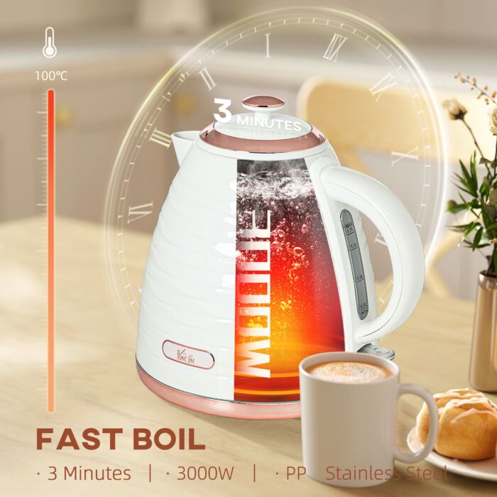 Homcom Electric Kettle, 1.7l, Fast Boil, 3kw Water Kettle With Removable Washable Anti-scale Filter, Auto Shut-off, 360° Swivel, Bpa Free, Cream White Water Ripple Texture