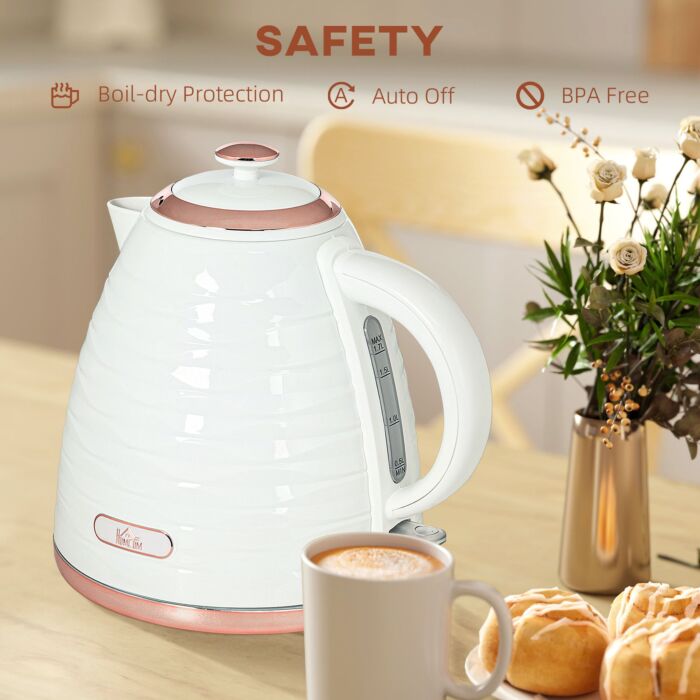Homcom Electric Kettle, 1.7l, Fast Boil, 3kw Water Kettle With Removable Washable Anti-scale Filter, Auto Shut-off, 360° Swivel, Bpa Free, Cream White Water Ripple Texture