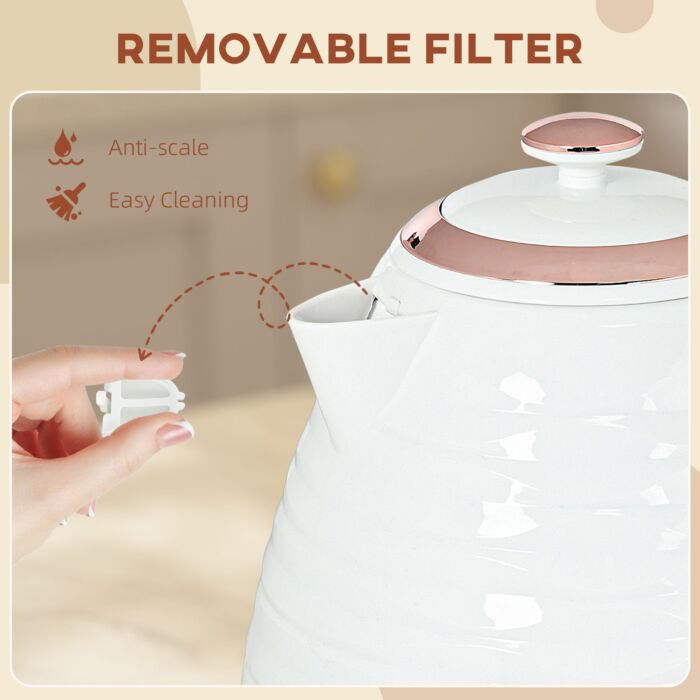 Homcom Electric Kettle, 1.7l, Fast Boil, 3kw Water Kettle With Removable Washable Anti-scale Filter, Auto Shut-off, 360° Swivel, Bpa Free, Cream White Water Ripple Texture