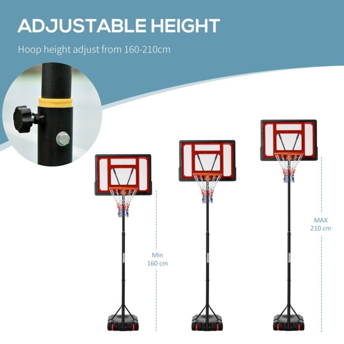 Homcom Portable Basketball Hoop Stand 160-210cm Adjustable Height Sturdy Rim Hoop W/ Large Wheels Stable Base & Net Free Standing