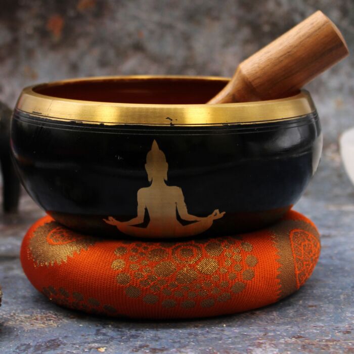 Large Buddha Singing Bowl Set- Black/orange 14cm