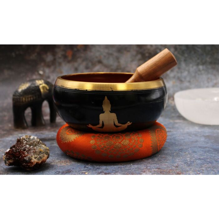 Large Buddha Singing Bowl Set- Black/orange 14cm