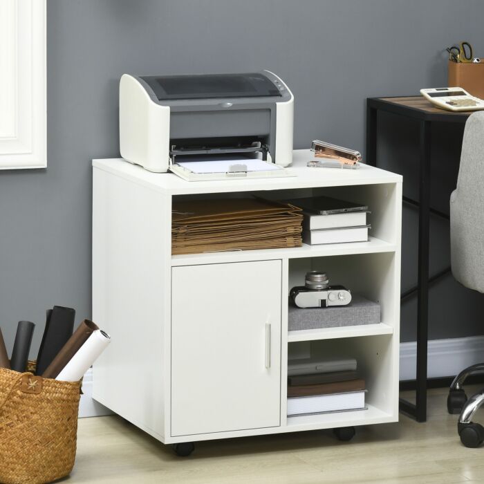 Homcom Multi-storage Printer Stand Unit Office Desk Side Mobile Storage W/ Wheels Modern Style 60l X 50w X 65.5h Cm - White