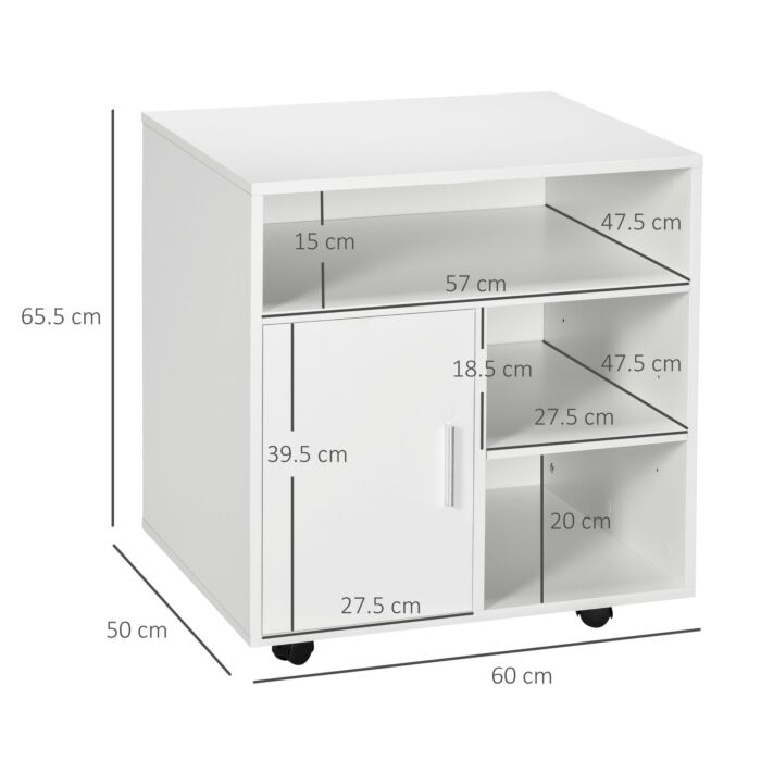 Homcom Multi-storage Printer Stand Unit Office Desk Side Mobile Storage W/ Wheels Modern Style 60l X 50w X 65.5h Cm - White