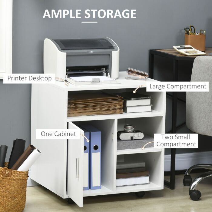 Homcom Multi-storage Printer Stand Unit Office Desk Side Mobile Storage W/ Wheels Modern Style 60l X 50w X 65.5h Cm - White