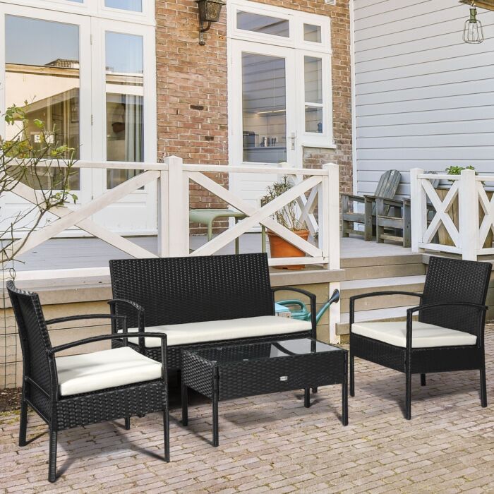 Outsunny 4-seater Rattan Garden Furniture Set Black Cream Outdoor Patio Wicker Weave Chairs Table Conservatory Seaters Bistro Set