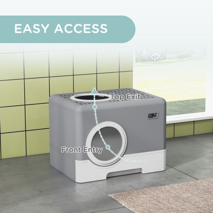 Pawhut Cat Litter Box Enclosed With Lid Front Entry Top Exit, Drawer Tray, Scoop, 52l X 41w X 38.5hcm - Grey