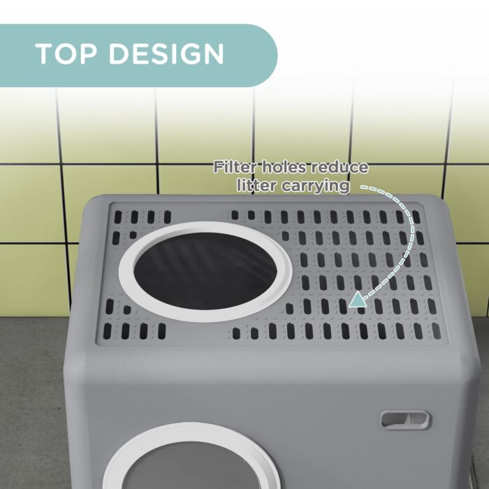 Pawhut Cat Litter Box Enclosed With Lid Front Entry Top Exit, Drawer Tray, Scoop, 52l X 41w X 38.5hcm - Grey