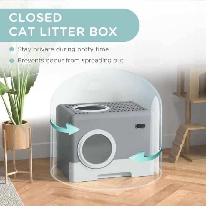 Pawhut Cat Litter Box Enclosed With Lid Front Entry Top Exit, Drawer Tray, Scoop, 52l X 41w X 38.5hcm - Grey