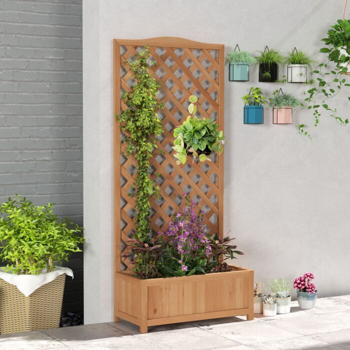 Outsunny Garden Wooden Planter Box With Trellis Free Standing Flower Raised Bed With Lattice For Climbing Plants, 76cm X 36cm X 170cm, Brown