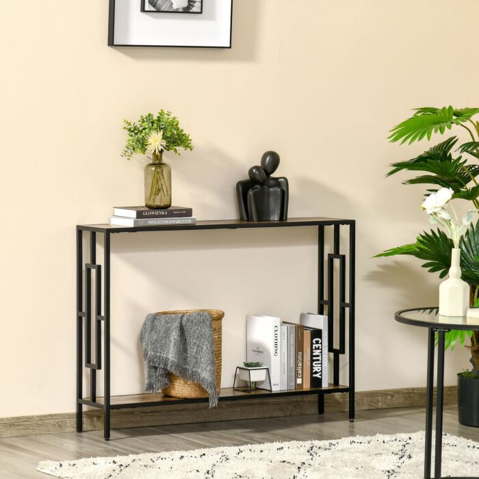 Homcom Industrial Console Table With Storage Shelf, Narrow Hallway Dressing Desk With Metal Frame, Rustic Brown