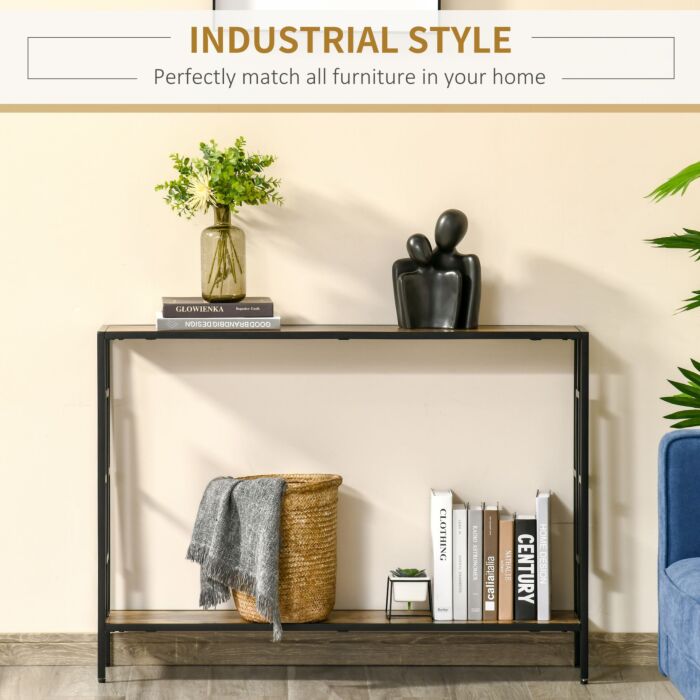 Homcom Industrial Console Table With Storage Shelf, Narrow Hallway Dressing Desk With Metal Frame, Rustic Brown