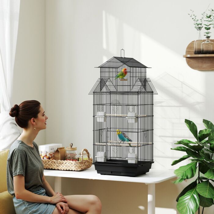 Pawhut Metal Bird Cage With Plastic Swing, Perch, Food Container, Tray, Handle, For Finches, Canaries, 43 X 32.5 X 104cm