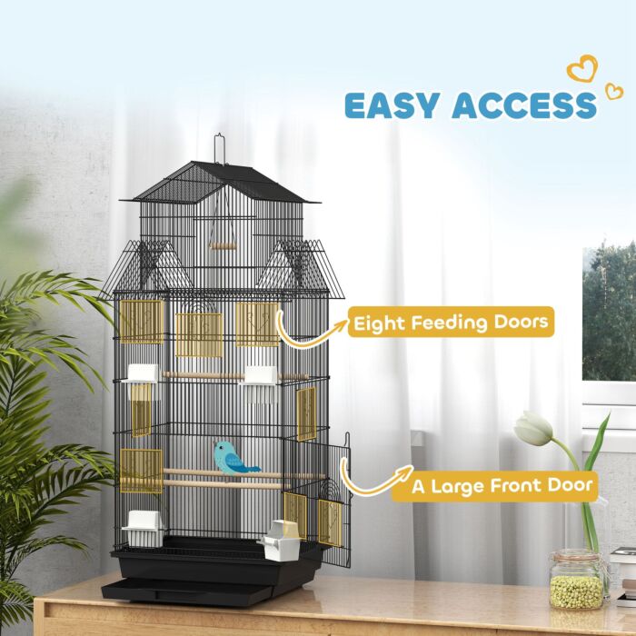 Pawhut Metal Bird Cage With Plastic Swing, Perch, Food Container, Tray, Handle, For Finches, Canaries, 43 X 32.5 X 104cm