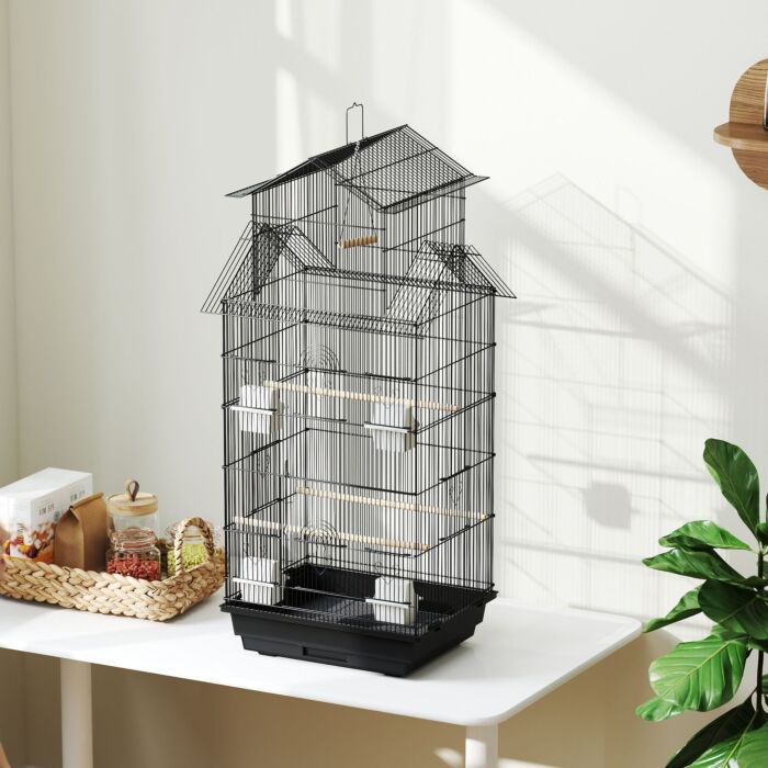Pawhut Metal Bird Cage With Plastic Swing, Perch, Food Container, Tray, Handle, For Finches, Canaries, 43 X 32.5 X 104cm