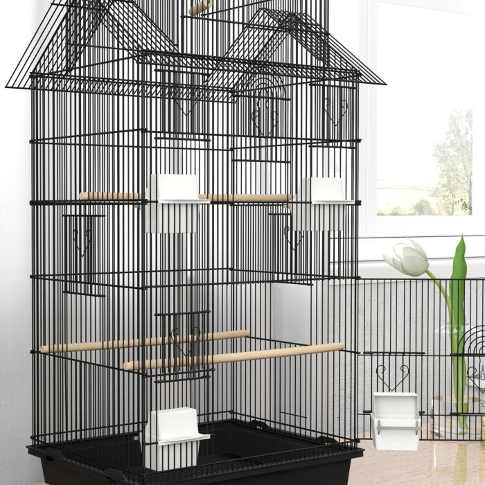 Pawhut Metal Bird Cage With Plastic Swing, Perch, Food Container, Tray, Handle, For Finches, Canaries, 43 X 32.5 X 104cm