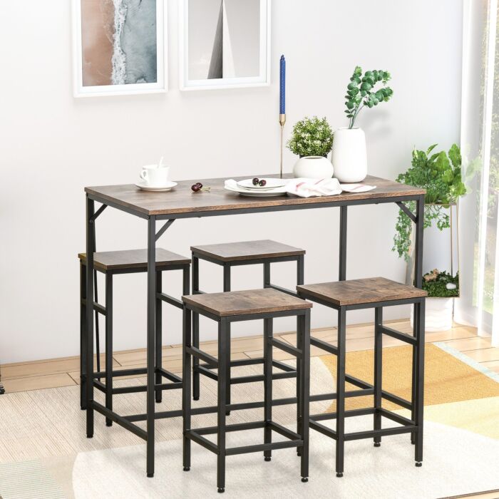 Homcom Industrial Rectangular Bar Table Set With 4 Stools