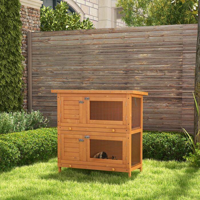 Pawhut Wooden Rabbit Hutch 2 Tiers Bunny House Rabbit Cage W/ Slide-out Tray And Hinged Opening Roof Small Animal House For Indoor
