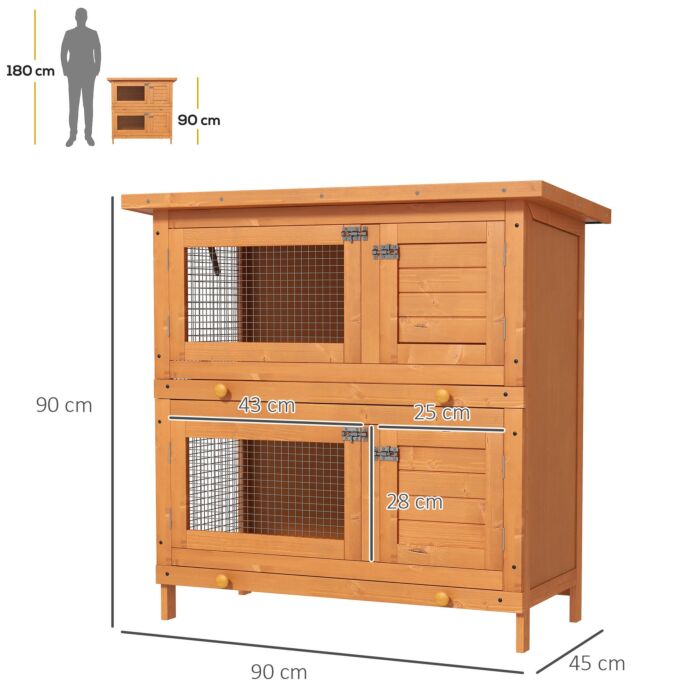 Pawhut Wooden Rabbit Hutch 2 Tiers Bunny House Rabbit Cage W/ Slide-out Tray And Hinged Opening Roof Small Animal House For Indoor