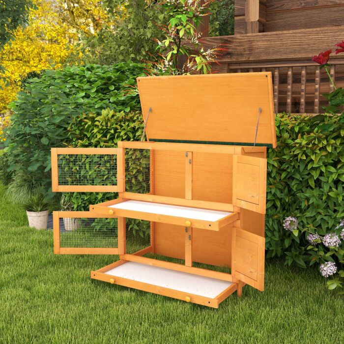 Pawhut Wooden Rabbit Hutch 2 Tiers Bunny House Rabbit Cage W/ Slide-out Tray And Hinged Opening Roof Small Animal House For Indoor