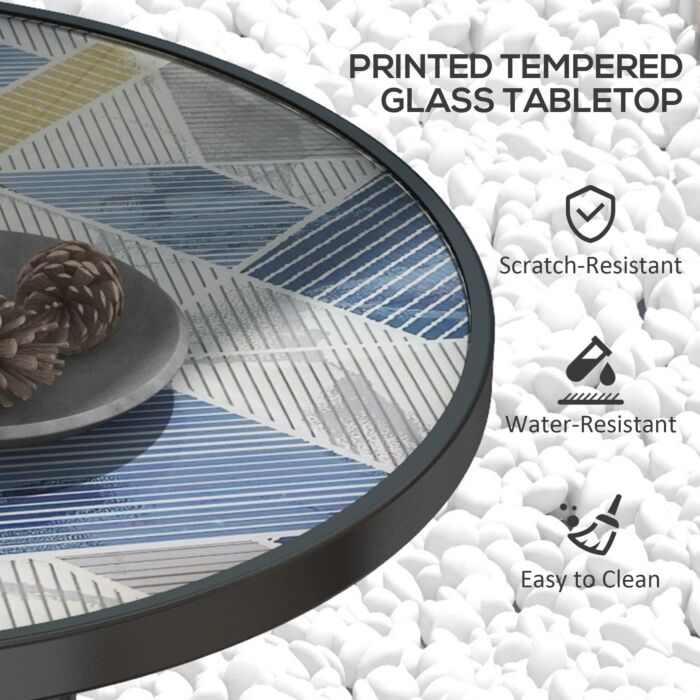 Outsunny Tempered Glass Top Garden Table With Glass Printed Design, Steel Frame, Foot Pads For Porch, Multicolour