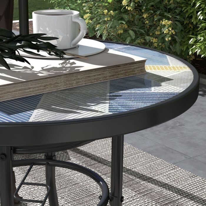 Outsunny Tempered Glass Top Garden Table With Glass Printed Design, Steel Frame, Foot Pads For Porch, Multicolour