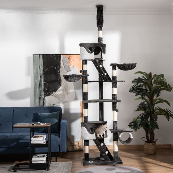 Pawhut Cat Tower Cat Tree House Kitten Condo Fun House Adjustable Grey & White