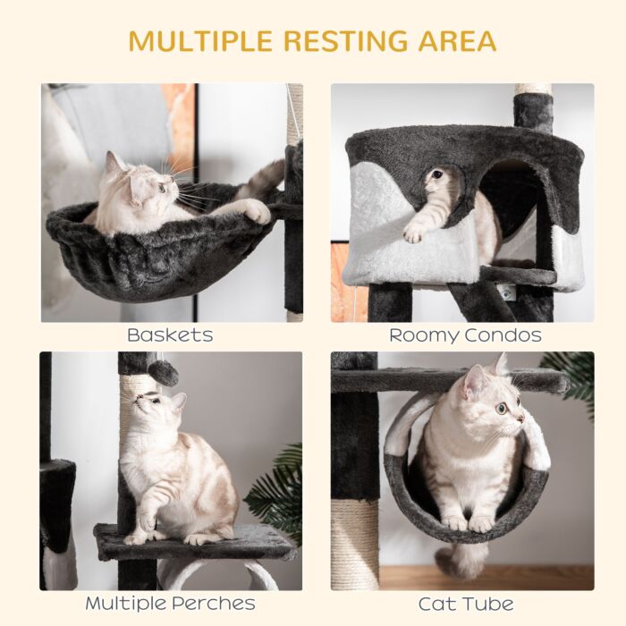 Pawhut Cat Tower Cat Tree House Kitten Condo Fun House Adjustable Grey & White