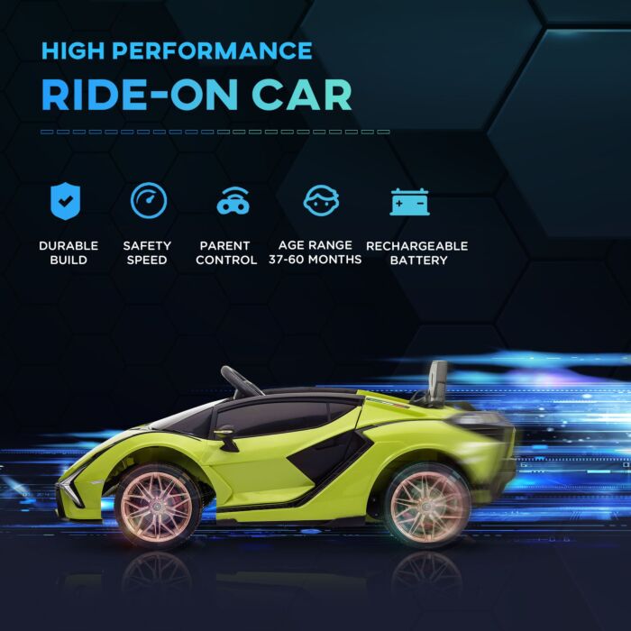 Homcom Compatible 12v Battery-powered Kids Electric Ride On Car Lamborghini Sian Toy With Parental Remote Control Lights Mp3 For 3-5 Years Old Green