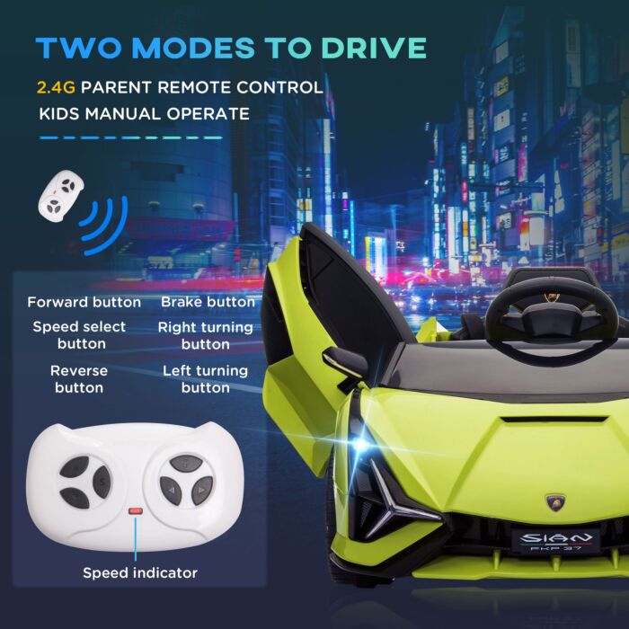 Homcom Compatible 12v Battery-powered Kids Electric Ride On Car Lamborghini Sian Toy With Parental Remote Control Lights Mp3 For 3-5 Years Old Green