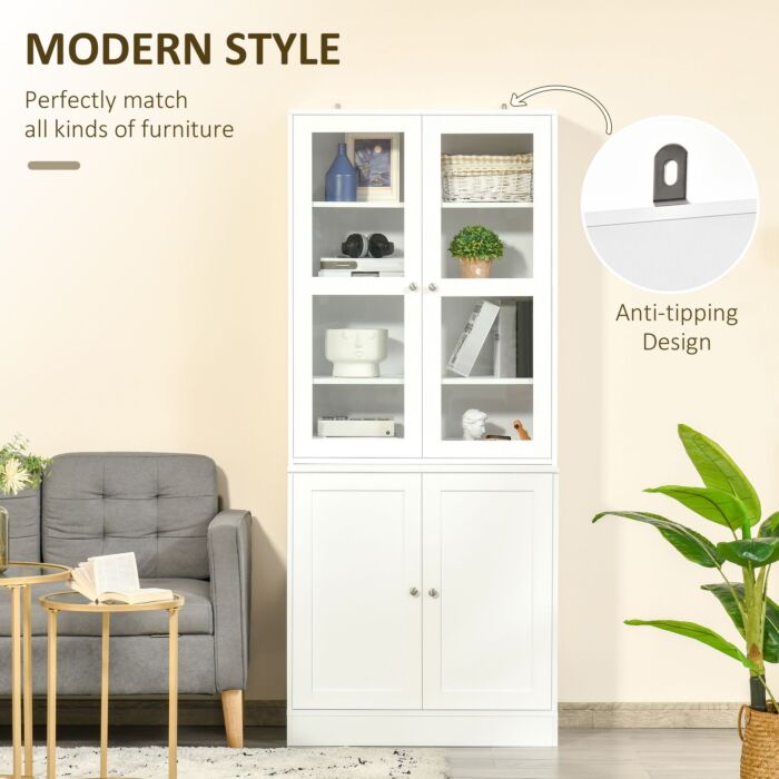 Homcom Modern Bookcase With Doors, Display Storage Cabinet With Adjustable Shelves, White