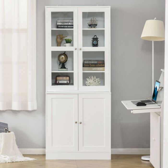 Homcom Modern Bookcase With Doors, Display Storage Cabinet With Adjustable Shelves, White