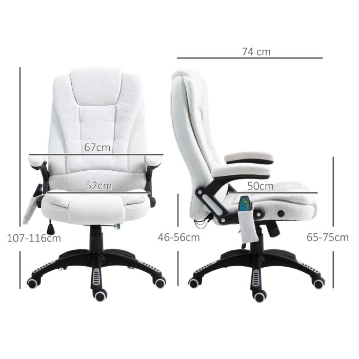 Vinsetto Massage Recliner Chair Heated Office Chair With Six Massage Points Linen-feel Fabric 360° Swivel Wheels Cream White