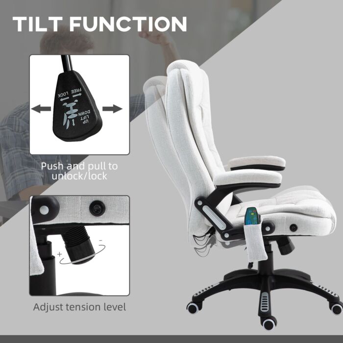 Vinsetto Massage Recliner Chair Heated Office Chair With Six Massage Points Linen-feel Fabric 360° Swivel Wheels Cream White