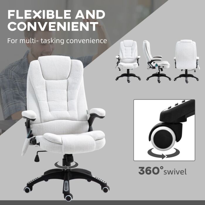 Vinsetto Massage Recliner Chair Heated Office Chair With Six Massage Points Linen-feel Fabric 360° Swivel Wheels Cream White
