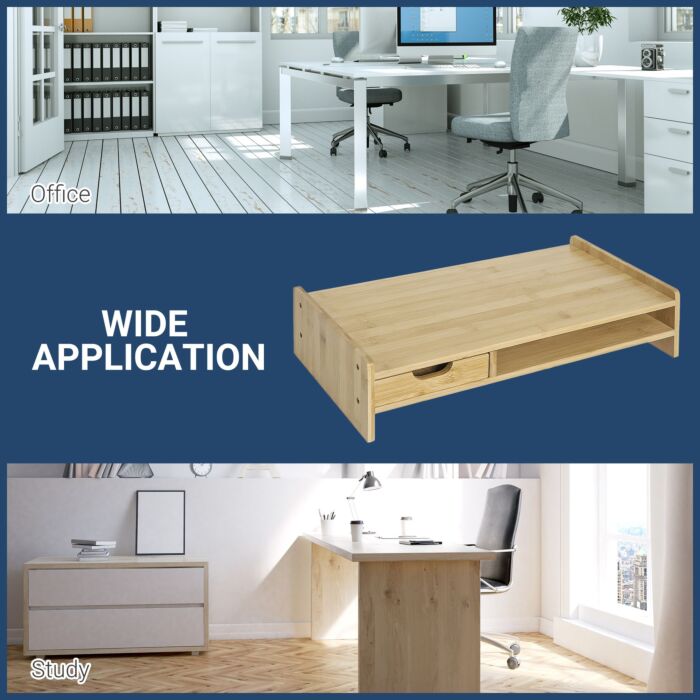Homcom Laptop And Screen Stand Pc Plinth Stand Tv Computer Desktop Organiser W/drawer Bamboo