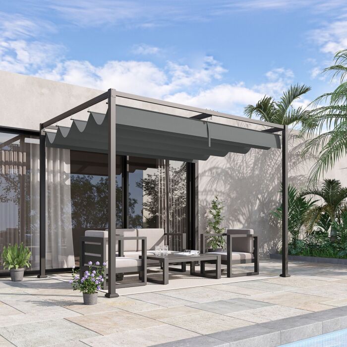 Outsunny 3 X 2 M Outdoor Pergola Gazebo Retractable Canopy Garden Shelter Sun Shade Party With Metal Frame, Grey